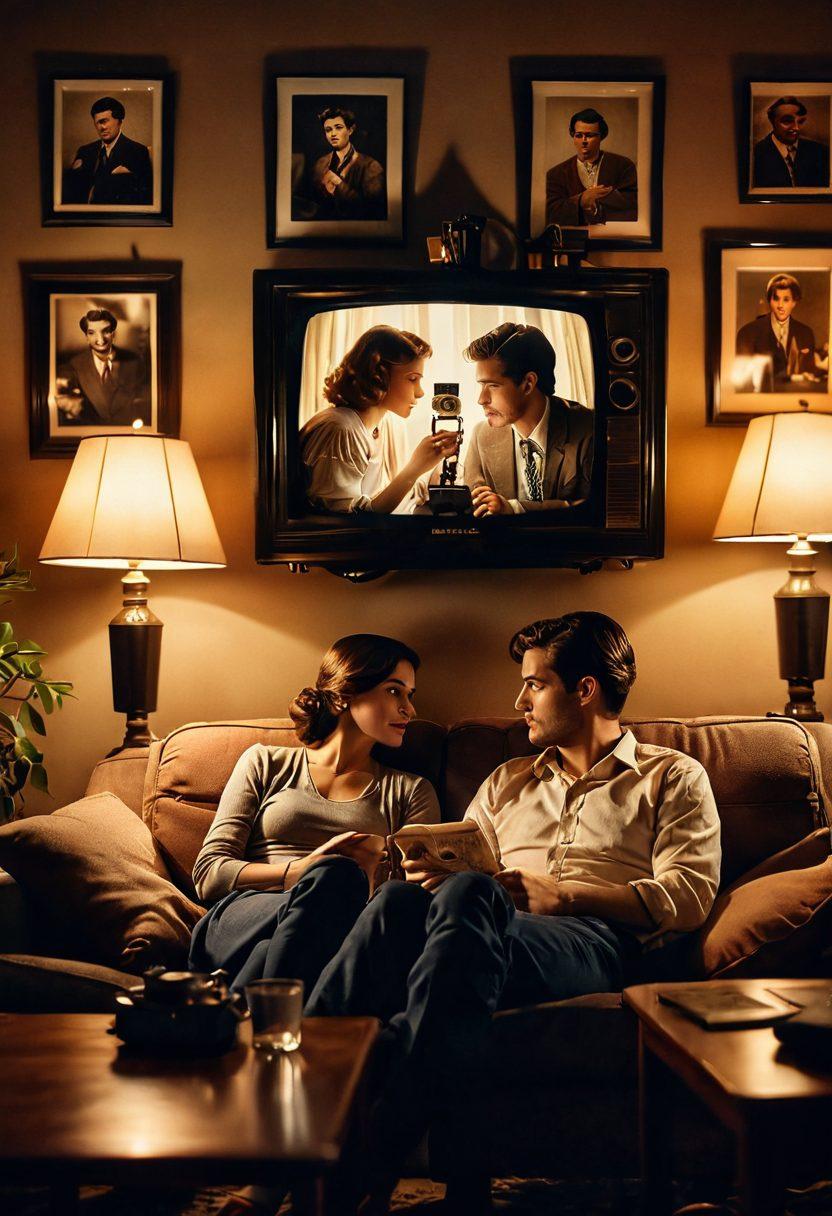 A cozy, dimly lit living room scene with a couple watching a romantic film on a vintage projector, their expressions reflecting love and desire. Surrounding them are framed posters of iconic romantic movies, with soft, warm light casting gentle shadows. The atmosphere is filled with hints of nostalgia and intimacy, evoking a sense of emotional connection. dreamy, warm tones. vintage style.