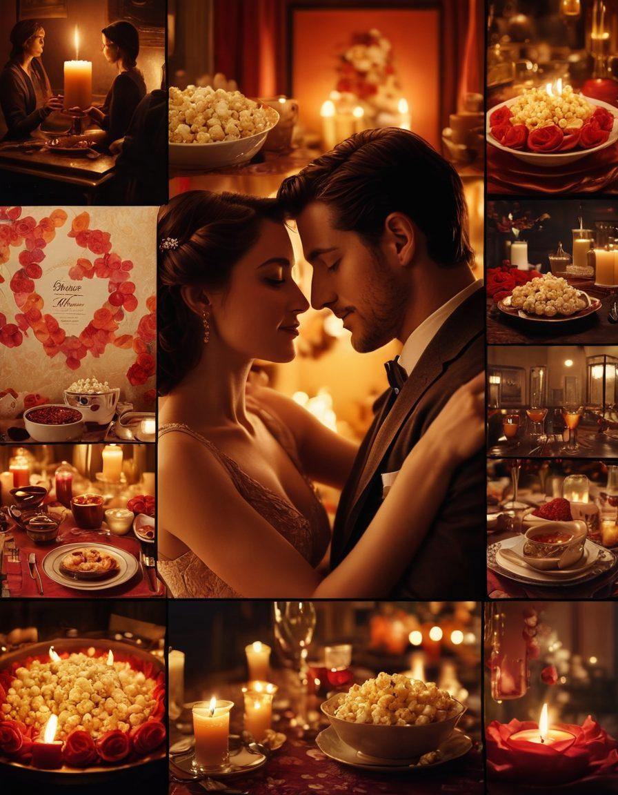 A cinematic collage featuring iconic romantic film scenes, intertwined with symbols of passion like intertwined hands, soft glowing hearts, and candlelit dinners. The background should evoke a sense of intimacy with warm, inviting colors and a hint of film reel aesthetics. Elements should include roses, popcorn, and a cozy cinema setting, creating a visually rich tapestry that sparks desire and intimacy. super-realistic. warm tones. vintage film style.